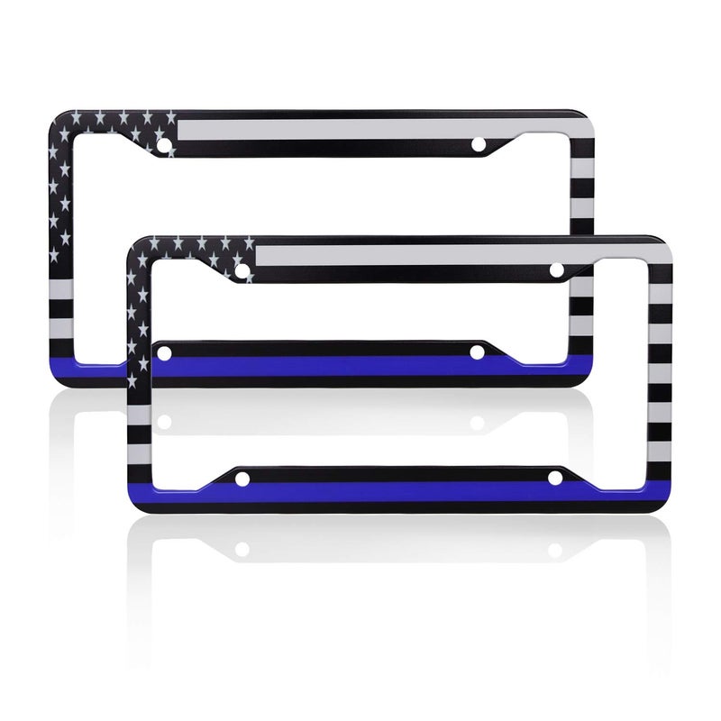 DZGlobal Thin Blue Line Black American Flag License Plate Frame, American Flag Car Tag Frame, Back and Front License Plate Frame 2 Pack - Image 1